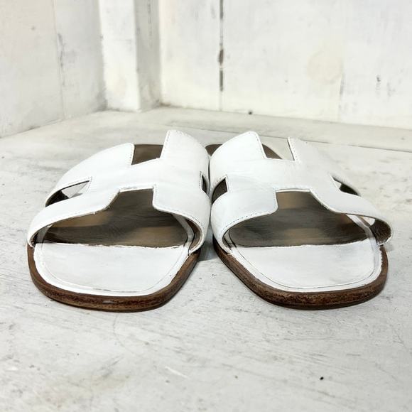 Hermès Leather Oran Slip On Open Toe Flat Slides Sandals White Women's 40.5 / 10 - Picture 4 of 11
